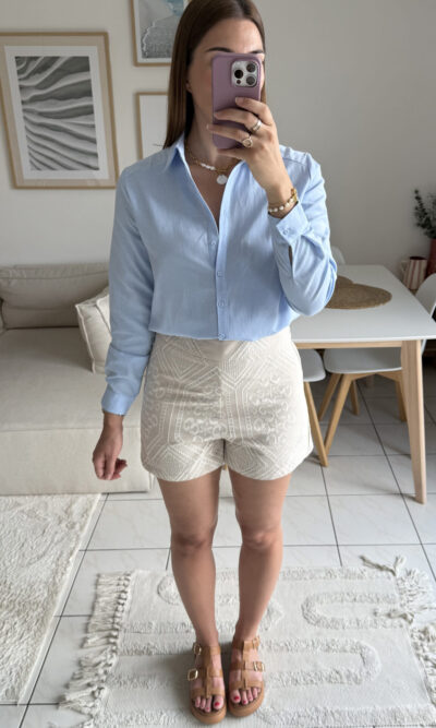 Short beige lin coton motifs brodés