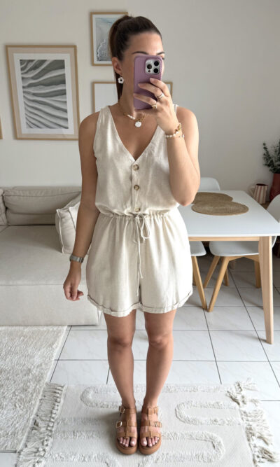 Combishort beige chiné lin et coton