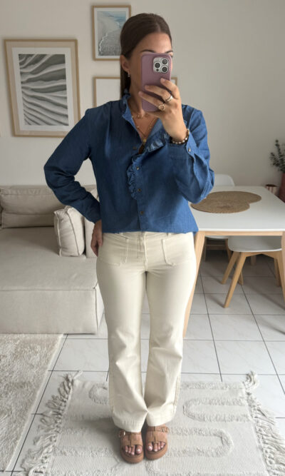 Chemise en denim bleu col volants