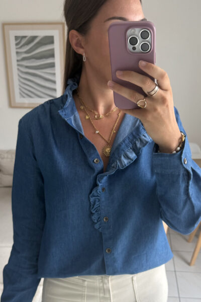 Chemise en denim bleu col volants