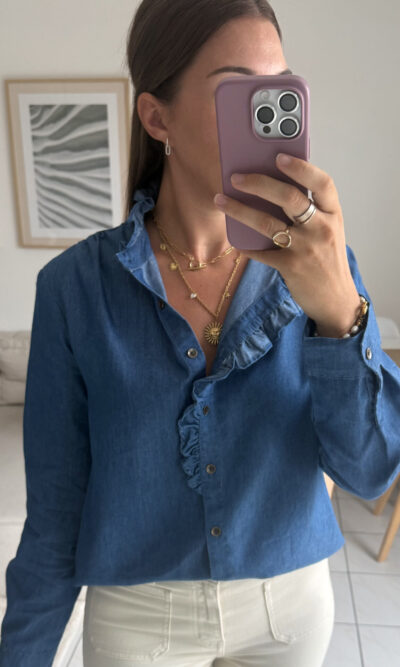 Chemise en denim bleu col volants