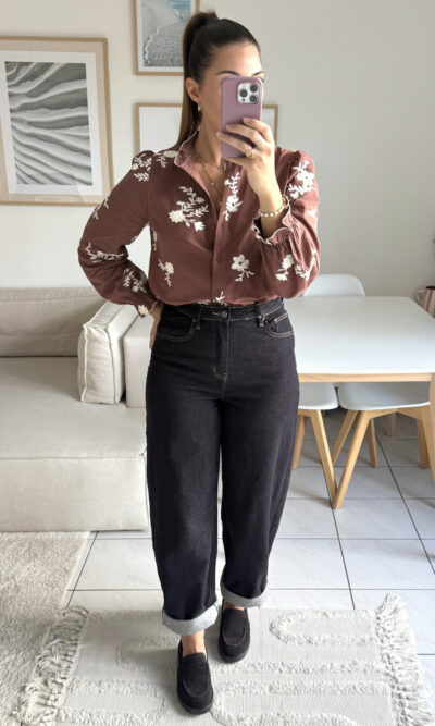 Chemise marron fleurs brodées