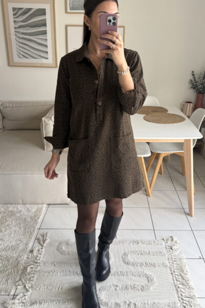 Robe en jean marron motifs léopard