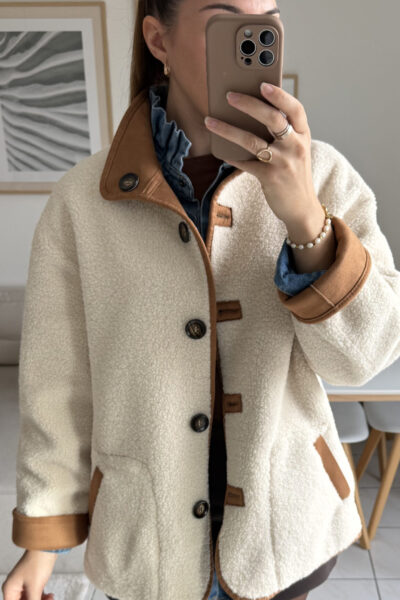 Manteau réversible suédine camel et moumoute écrue