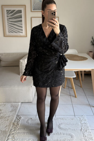 Robe cache-cœur noire à sequins