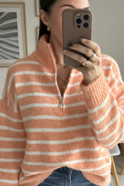 Pull col camionneur orange à rayures blanches