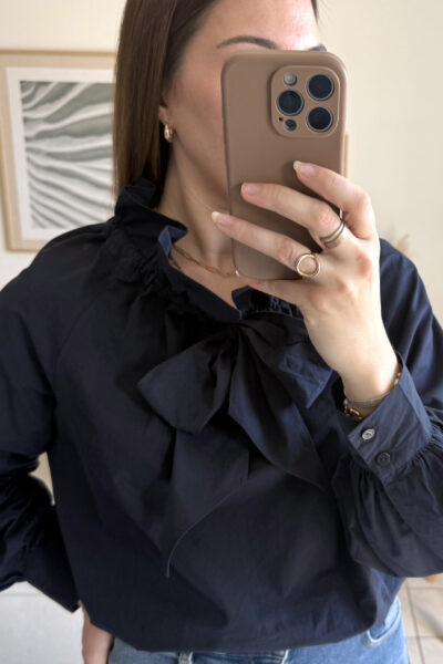 Blouse bleu nuit popeline col Lavallière