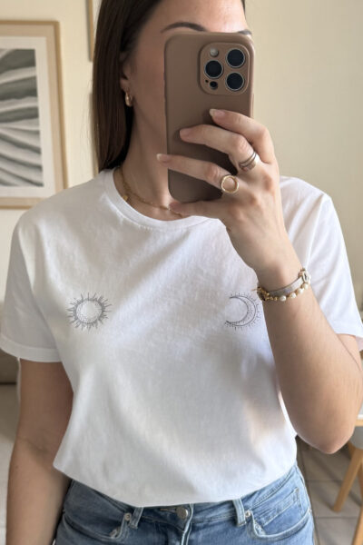 T-shirt blanc 100% coton Bio, imprimés soleil et lune