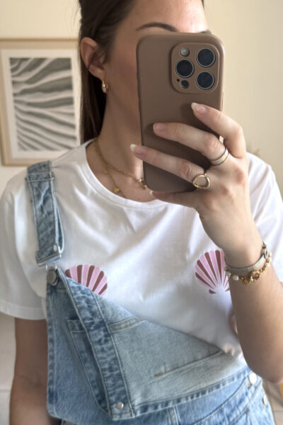 T-shirt blanc 100% coton Bio, motifs coquillages, fabrication européenne