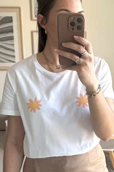 T-shirt blanc 100% coton Bio imprimés fleurs