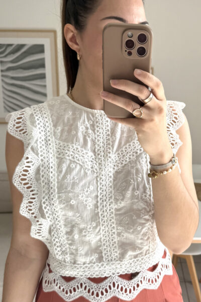 Top 100% coton blanc broderies