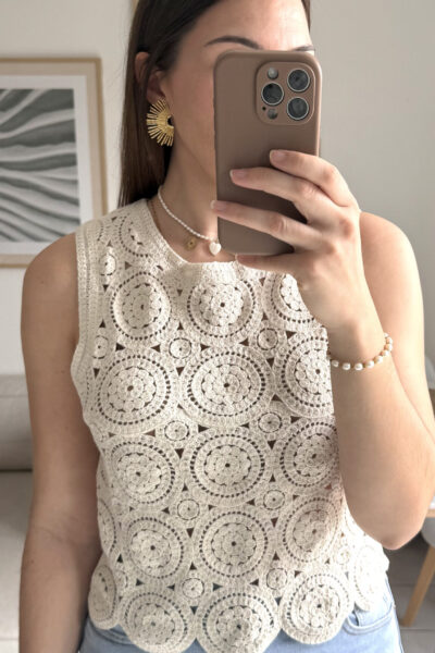 Top sans manche en crochet beige 100% coton