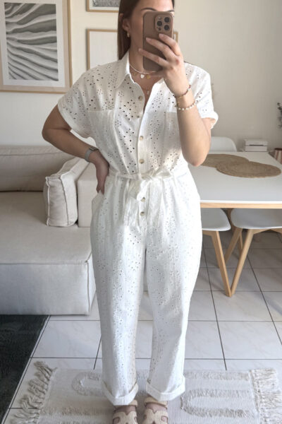 Combi pantalon en denim blanc avec broderies