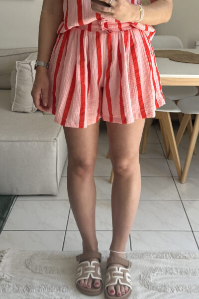 Short effet jupe rose à rayures rouges en gaze de coton