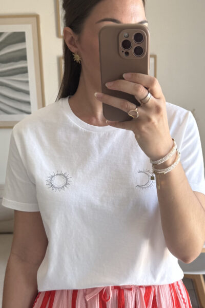 T-shirt blanc 100% coton Bio, imprimés soleil et lune