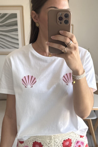 T-shirt blanc 100% coton Bio motifs coquillages, fabrication européenne