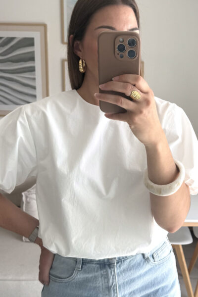 Top blanc en coton manches courtes bouffantes