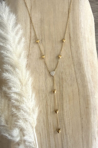 Collier acier inoxydable doré forme Y avec cœurs