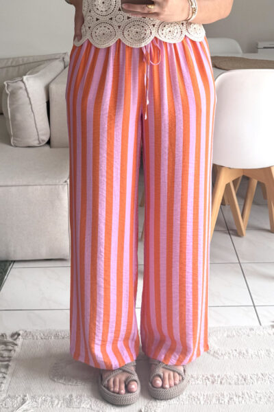 Pantalon fluide à rayures rose et orange