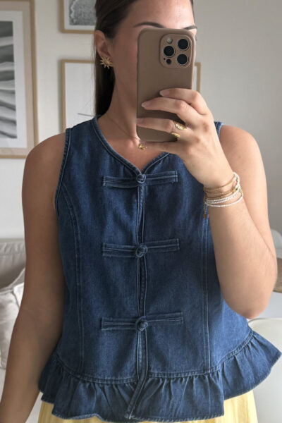 Gilet sans manches en denim brut et volants