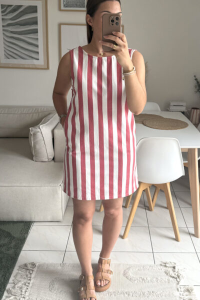 Robe courte en jean rayures blanches et vieux rose