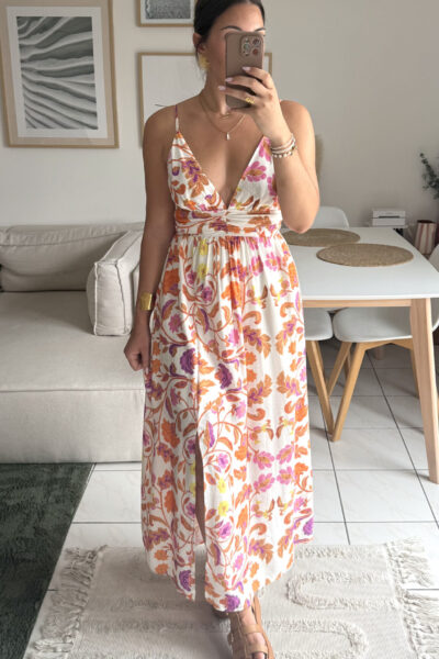 Robe longue fluide motifs floraux colorés