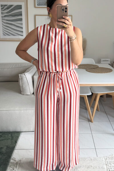 Ensemble fluide avec top et pantalon assorti, blanc aux rayures rose et terracotta