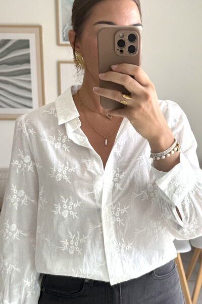 Chemise blanche fleurs brodées 100% coton
