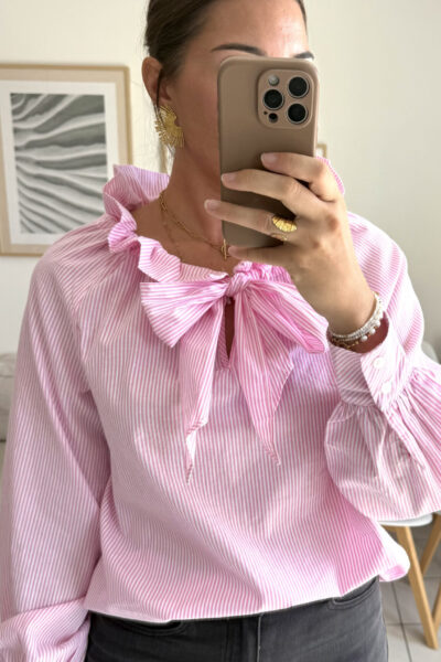 Blouse 100% coton, rayures roses et blanches, col Lavallière