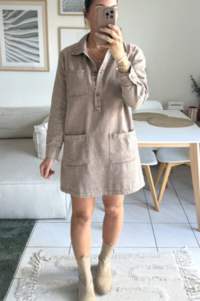 Robe en denim taupe 100% coton manches longues