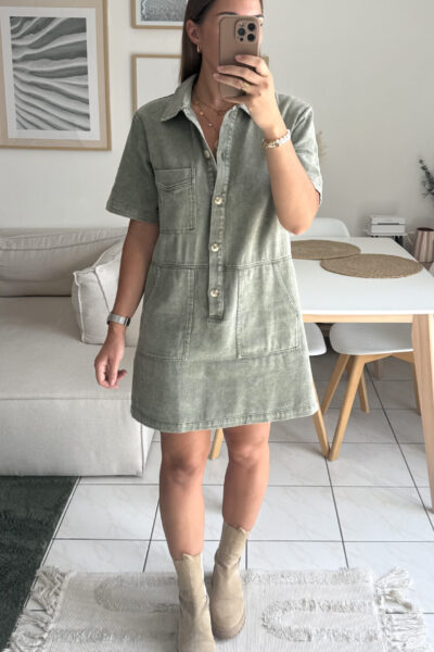 Robe en denim kaki 100% coton manches courtes
