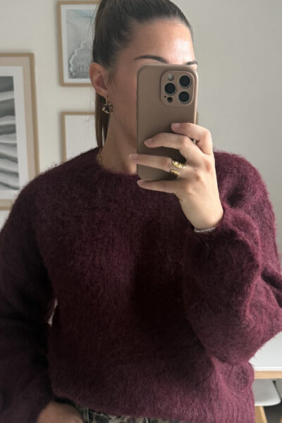 Pull burgundy femme tout doux à manches ballon