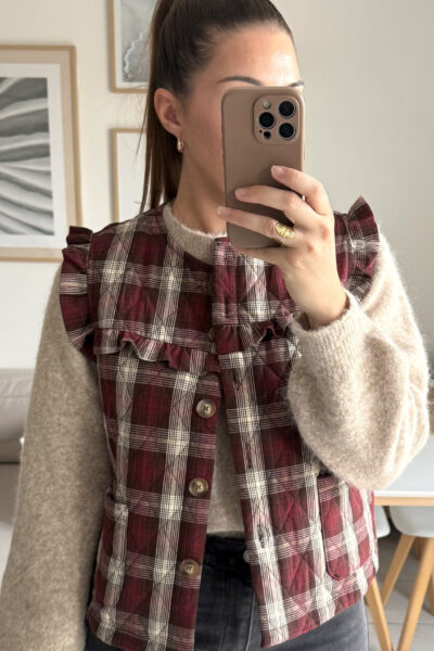Veste gilet sans manches, matelassée, 100% coton, carreaux bordeaux