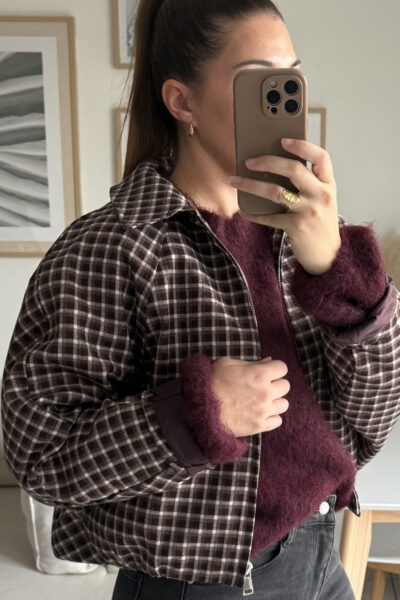 Veste bomber à carreaux marron et beige